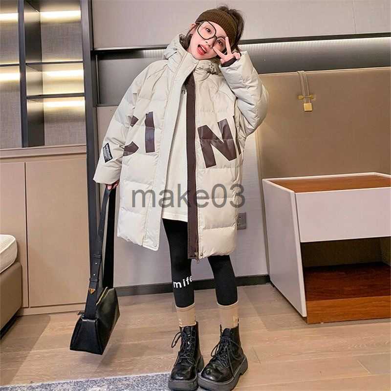 Down Coat 2023 Girls' Winter Cotton Clothing Down Padded Jacket Kids Hooded Letter Design Waterproof Long Coat For Child XMP438 J230823