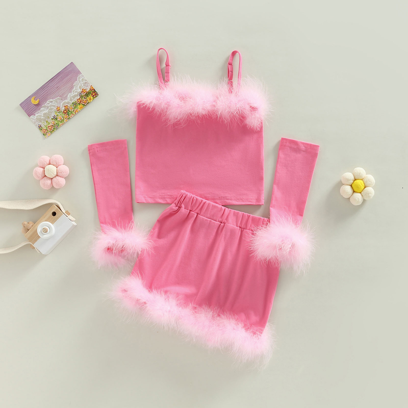 Clothing Sets 1 6Y Kids Girls Autumn Clothes Baby Furry Trim Sleeveless Tops with Oversleeve Short Skirts 3Pcs Children Fashion Outfit 230823