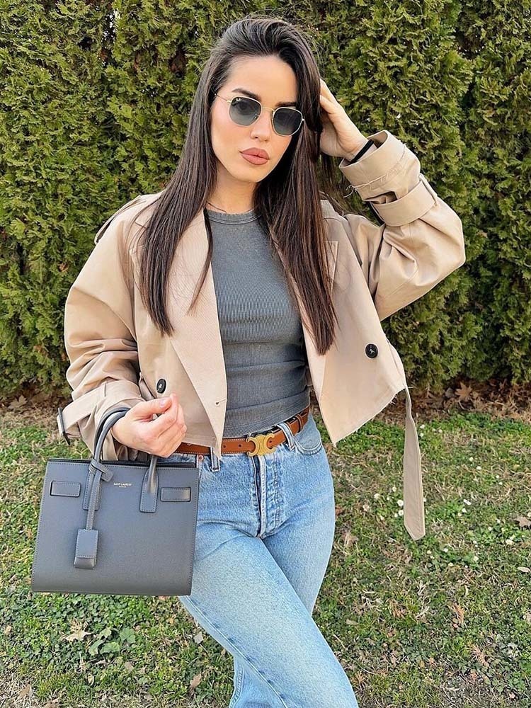 Women's Jackets TRAF Women Coats Fashion With Belt Spring Crop Coat Vintage Long Sleeve Casual Street Female Outerwear Chic Tops 230822