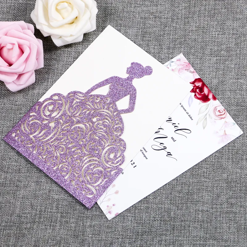 Gorgeous Laser Cut Light Purple Glitter Pretty Princess Invitations Cards For Birthday Cards Sweet Quinceanera Sweet 16th Engagement ZZ