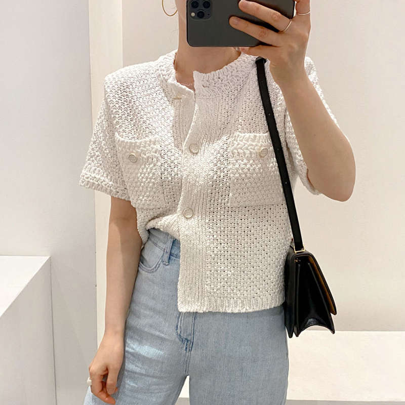 New fashion womens summer o-neck short sleeve knitted white color sweater tops single breasted cardigan