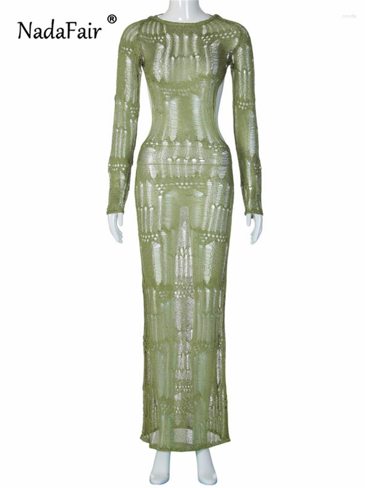Casual Dresses Nadafair Corchet Knitted Hollow Out Women Long Dress Beach Holiday Sleeve Backless Summer Fall Y2K Elegant See Through