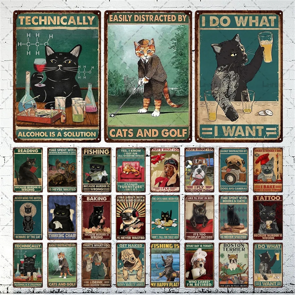 Funny Black Cat Tin Sign Cats and Golf Metal Plaque Vintage Cartoon Animals Tin Plate Metal Wall Sticker for Man Cave Home Pethouse Club Decor 30X20CM