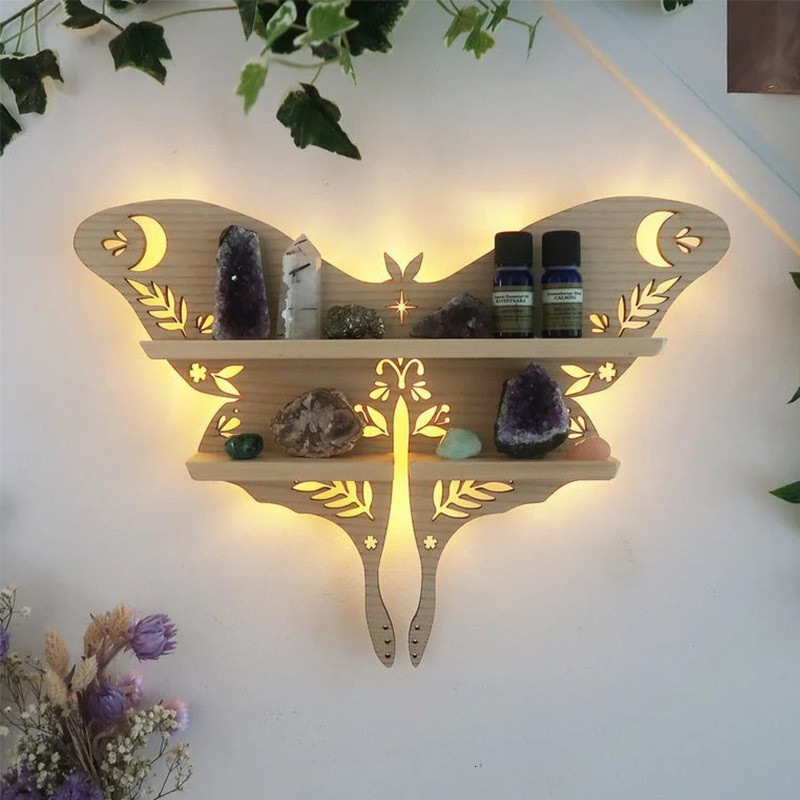 Other Home Garden Moon Butterfly Wooden Shelf Crystal Essential Oil Storage Rack Wall Display Decor Hanging Jewelry Organizer 230824
