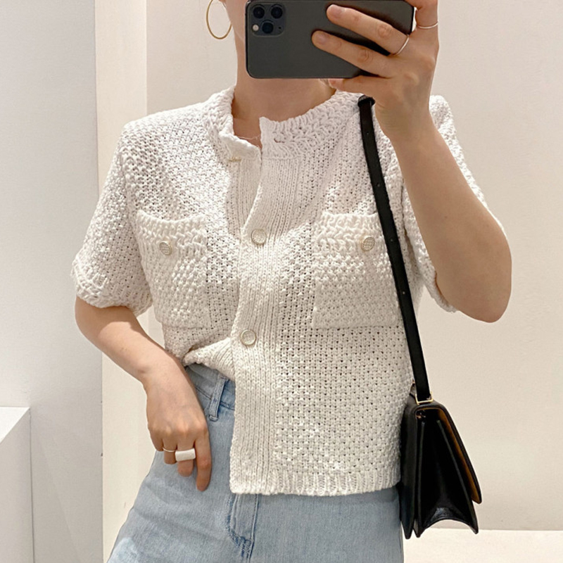 New fashion womens summer o-neck short sleeve knitted white color sweater tops single breasted cardigan