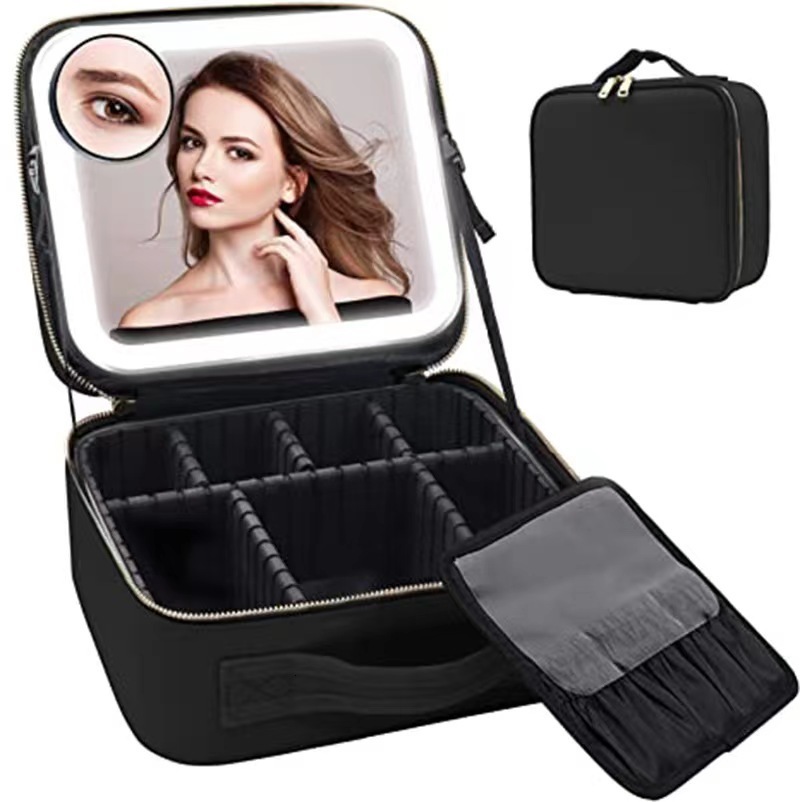 Compact Mirrors Smart LED Cosmetic Case with Mirror Travel Makeup Bags Large Capacity Fashion Simple PU Leather Casual for Weekend Vacation 230823