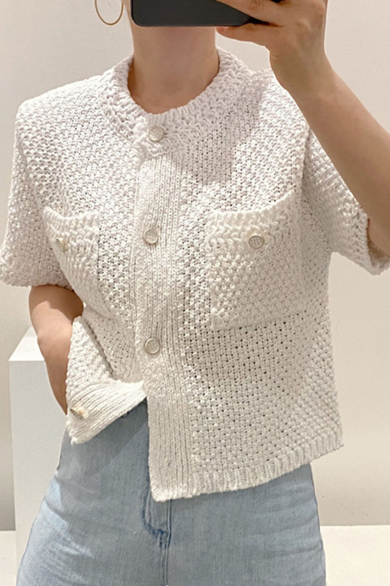 New fashion womens summer o-neck short sleeve knitted white color sweater tops single breasted cardigan