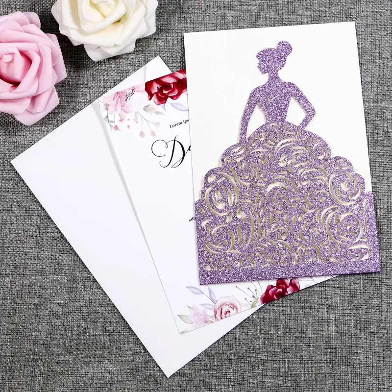 Gorgeous Laser Cut Light Purple Glitter Pretty Princess Invitations Cards For Birthday Cards Sweet Quinceanera Sweet 16th Engagement ZZ