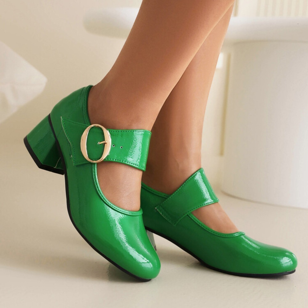 2025 new Dress Shoe Shoes Round Toe Classic Mary Jane Straight Buckle Women's Thick Heeled Mid 230823