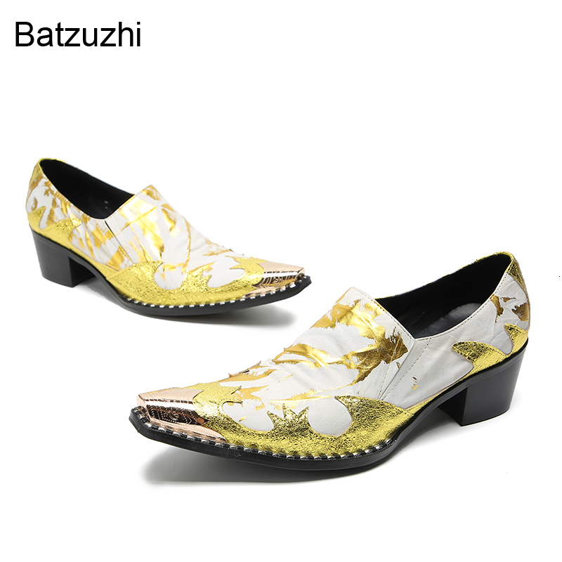 Dress Shoes Batzuzhi Italian Type Men's Shoes Gold Metal Toe Yellow Leather Dress Shoes Men Fashion Business Party and Wedding Shoes Male 230824