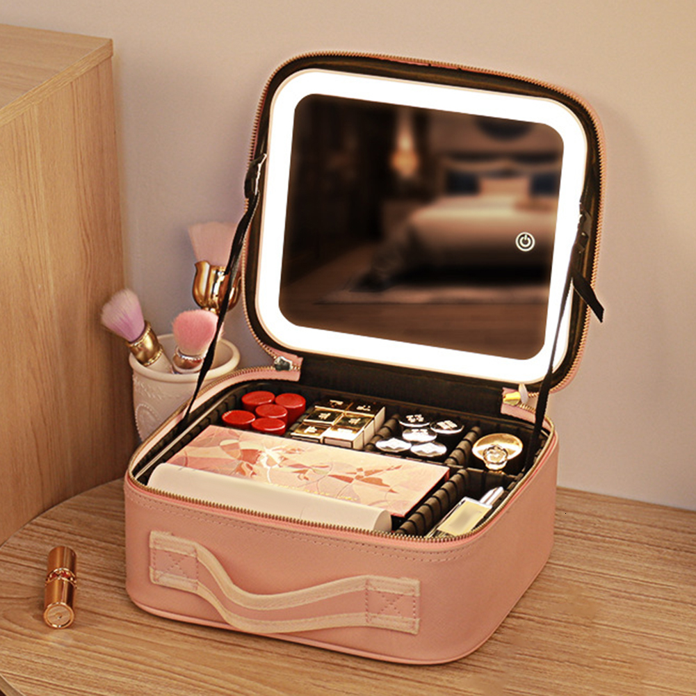 Compact Mirrors Smart LED Cosmetic Case with Mirror Travel Makeup Bags Large Capacity Fashion Simple PU Leather Casual for Weekend Vacation 230823
