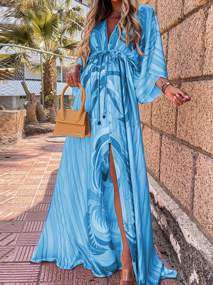 Basic Casual Dresses Summer Print Casual Women Dresses Oversized Holiday Beach Dress Boho Long CoverUp Dress Female Long Sleeve Loose Tunic Dress 2308