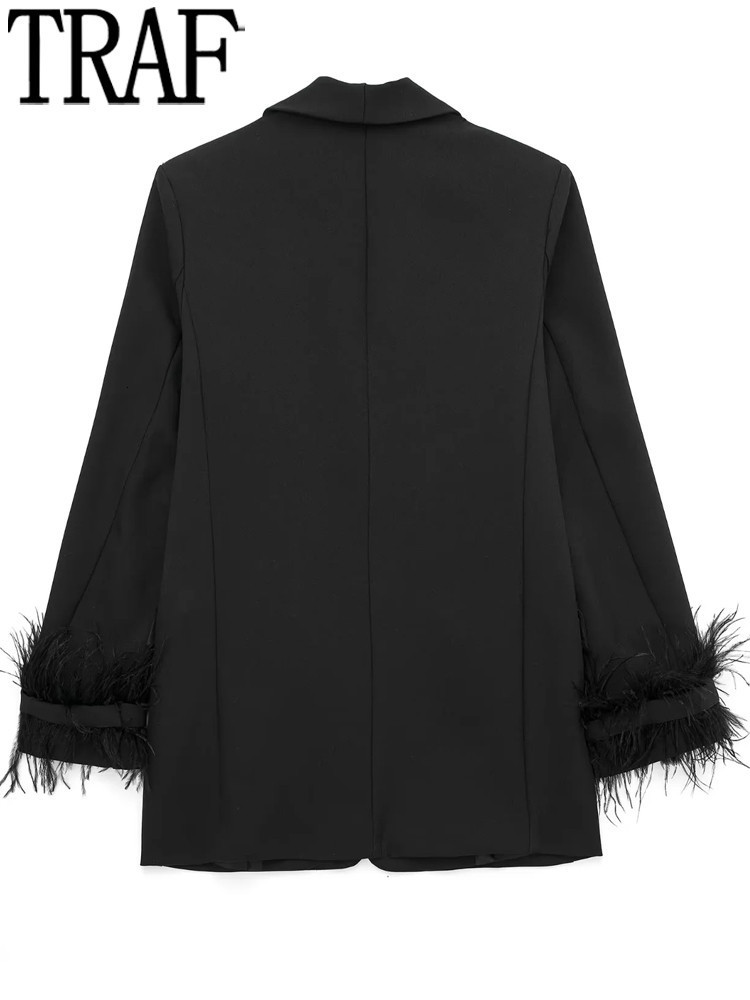 Women's Jackets TRAF Feather Black Blazer Women Button Elegant Womens Jackets Fashion Woman Blazer Casual Long Sleeve Women's Winter Coats 2