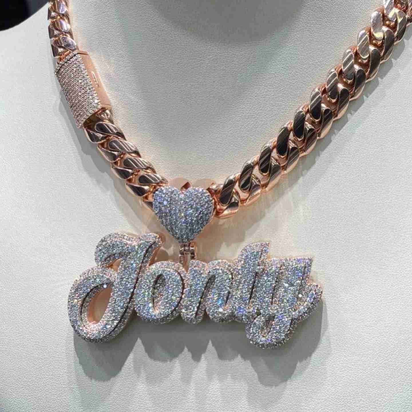Hip Hop Moissante Luxury Jewelry Women Custom Iced out Name Pendant Necklace 925 Silver Cuban Chain Necklace in Rose Gold