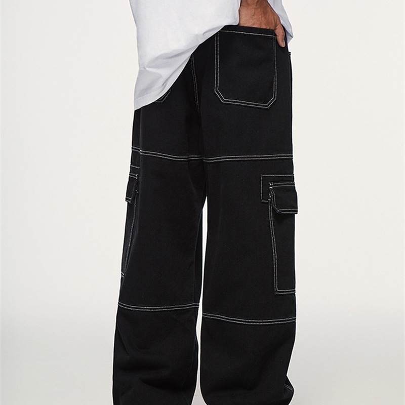 Men s Jeans 2023 Black Multi Pocket Loose Wide Leg Men S Y2k Casual Fashion Cargo Pants Side Large Street Wear 230823