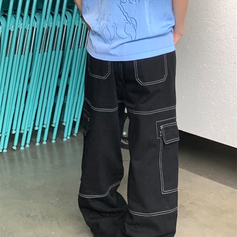 Men s Jeans 2023 Black Multi Pocket Loose Wide Leg Men S Y2k Casual Fashion Cargo Pants Side Large Street Wear 230823