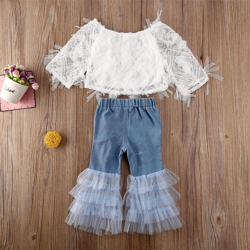 Clothing Sets Boutique Kid Clothes Toddler Baby Girl Lace Off Shoulder Tops Ruffle Hole Pants 2pcs Outfit 230823