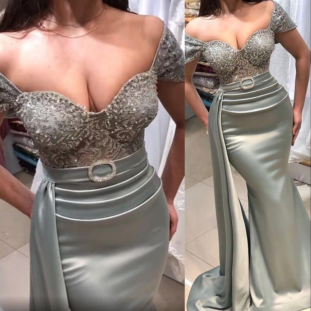 2023 Sexy Mermaid Prom Dresses Off Shoulder Illusion Sweetheart Illusion Silver Crystal Beading Gray Party Evening Gowns Sweep Train Cap Sleeves Belt