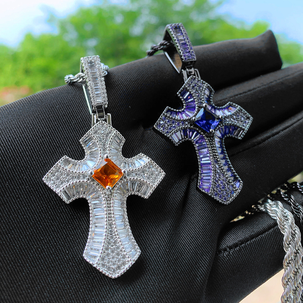 Hip Hop Bling T Zircon Cross Pendant Necklace 18k Real Gold Plated Religion Jewelry