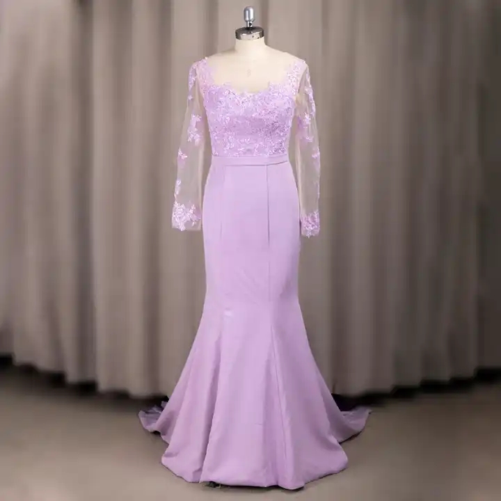 Lilac Purple Long Sleeve Bridesmaid Dresses Mermaid Satin Plus Size 2023 Lace Illusion Maid of Honor Gowns