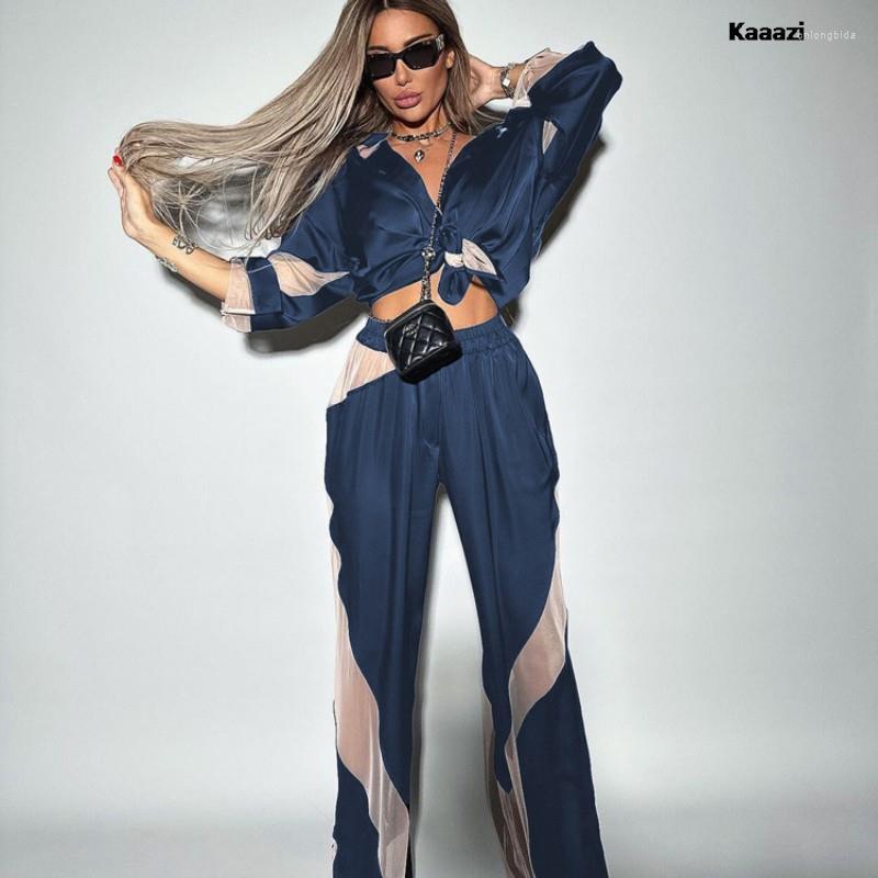 Womens Two Piece Pants Long Sleeve Patchwork See Through Loose Satin Blouse Suit Turn-down Collar Office Lady Shirt Set