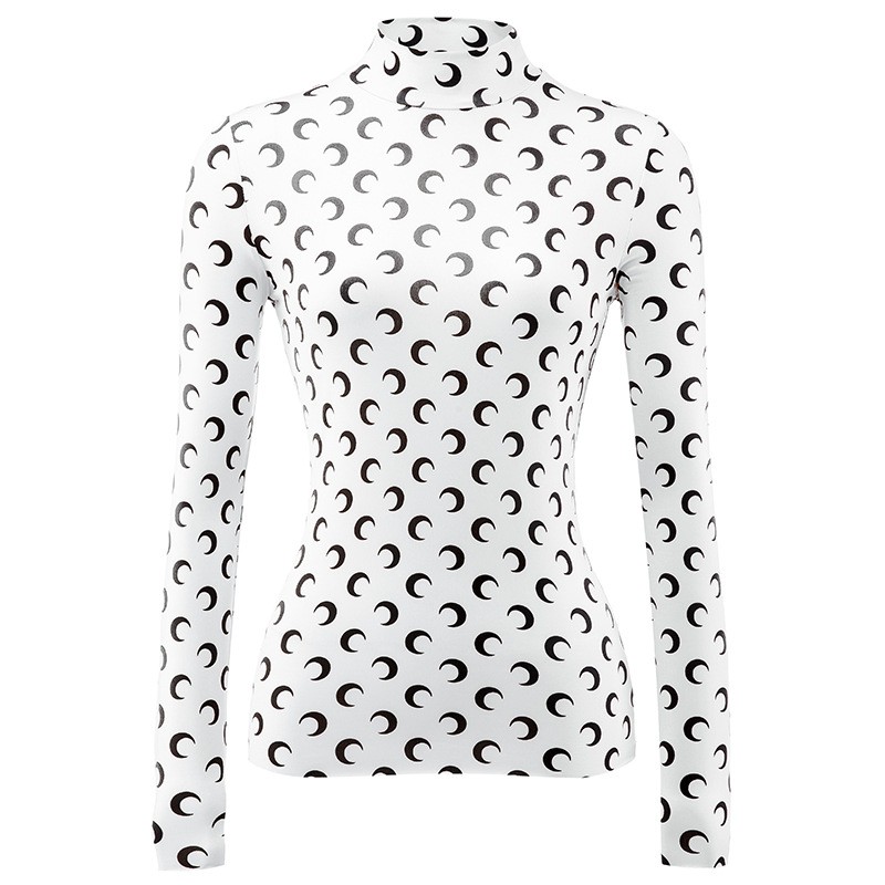 Women's T-Shirt Solid Color Crescent Moon Print Round Neck Turtleneck Long Sleeves Shirt designer moire wicking knit high elasticFashion Q240620