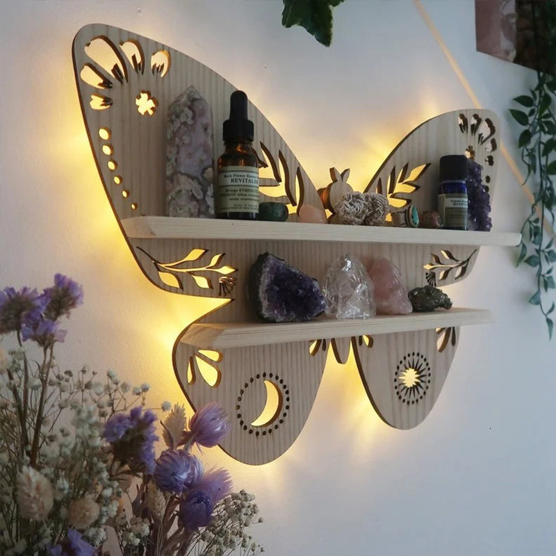 Other Home Garden Moon Butterfly Wooden Shelf Crystal Essential Oil Storage Rack Wall Display Decor Hanging Jewelry Organizer 230824