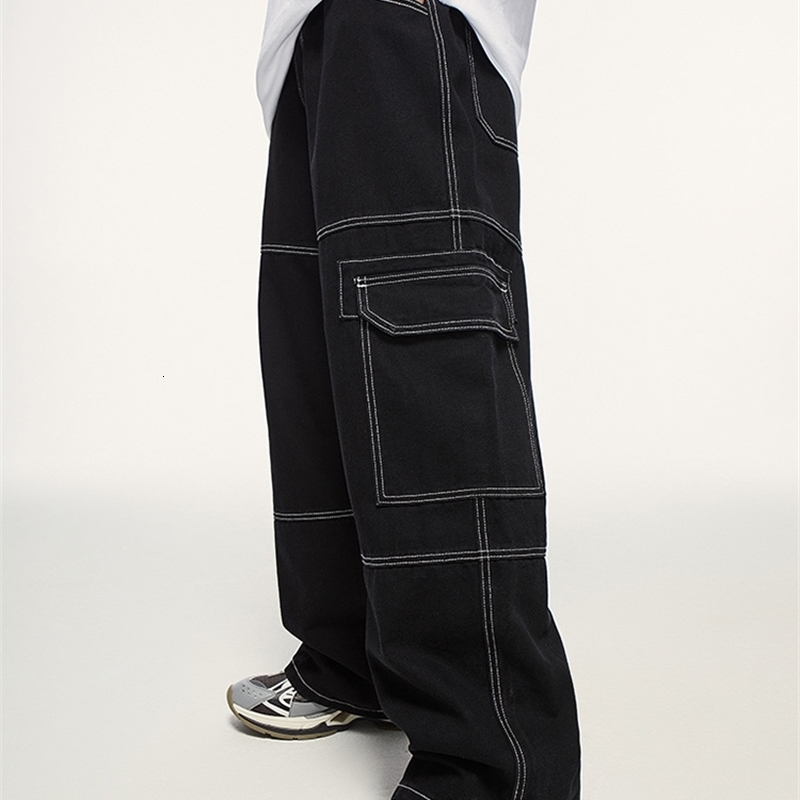Men s Jeans 2023 Black Multi Pocket Loose Wide Leg Men S Y2k Casual Fashion Cargo Pants Side Large Street Wear 230823