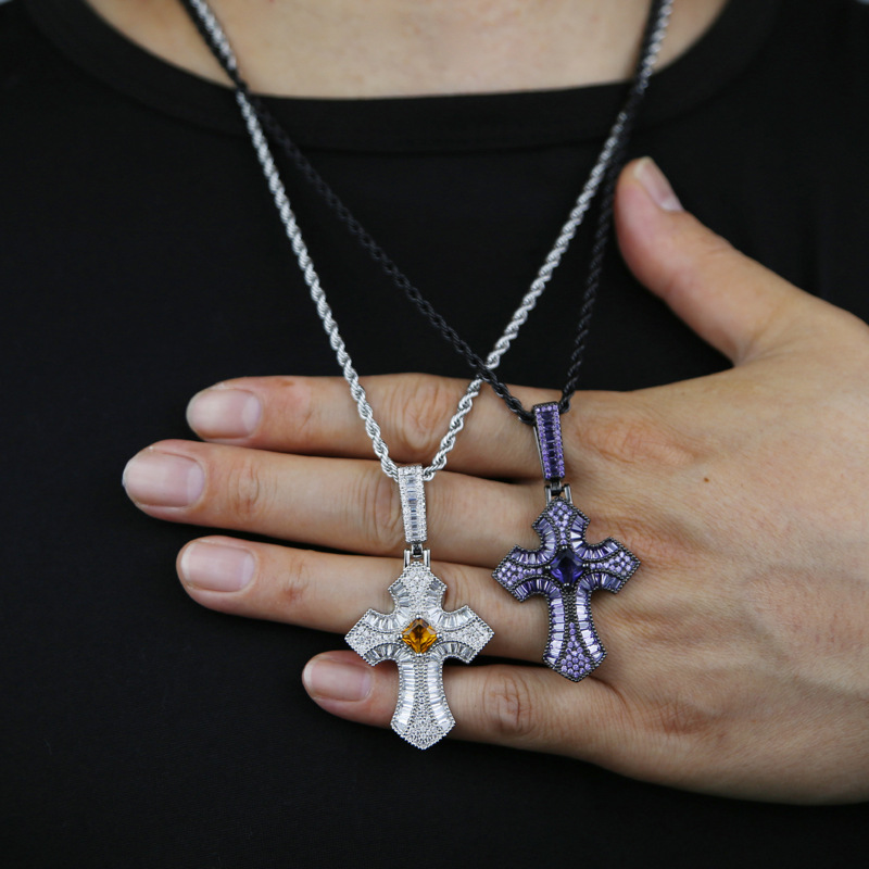 Hip Hop Bling T Zircon Cross Pendant Necklace 18k Real Gold Plated Religion Jewelry