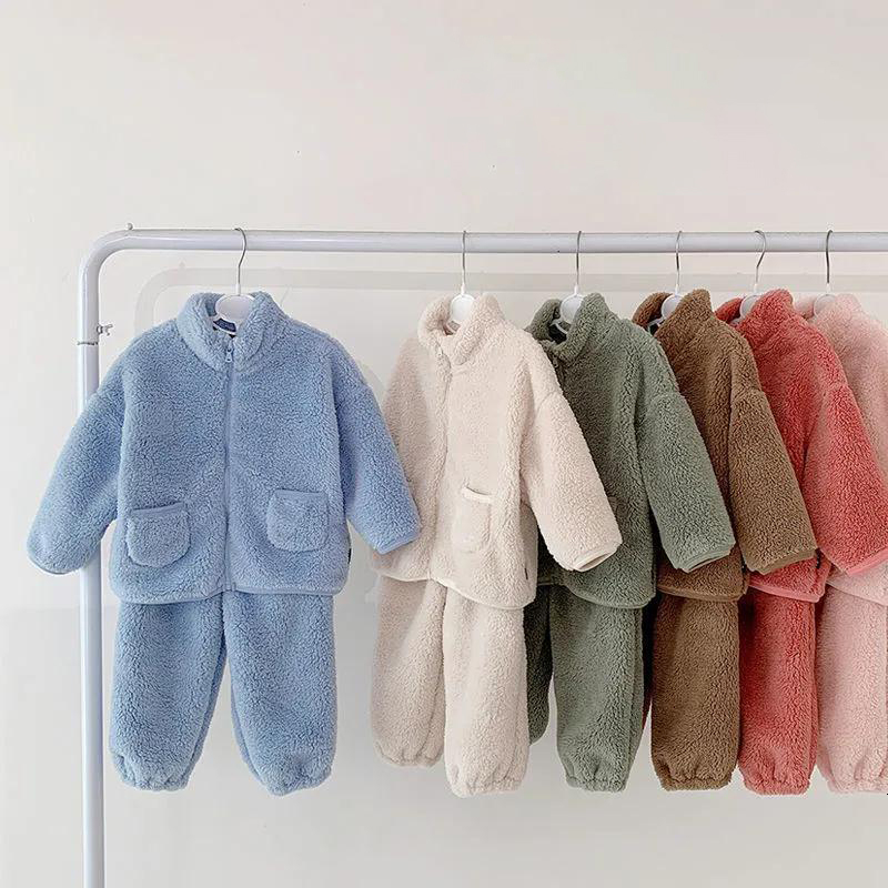 Clothing Sets Children's Suits Winter Baby Boys Girls Clothes Plus Velvet Thick Warm Home 2pcs Kids Zipper Top Coat Trousers Pajamas 230823