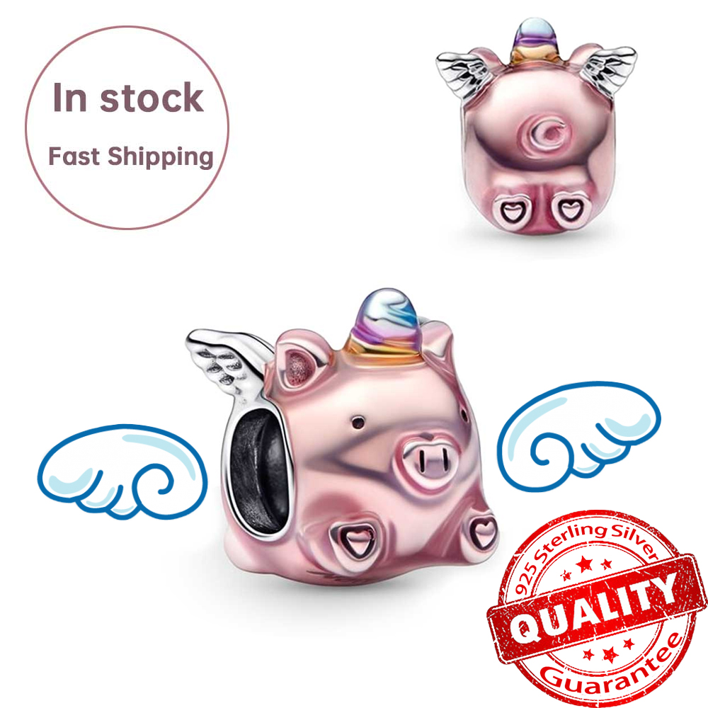 925 Silver Fit Charm New Pink Enamel Flying Pig Talisman Bead Dangle Fashion Charms Set Pendant DIY Fine Beads Jewelry