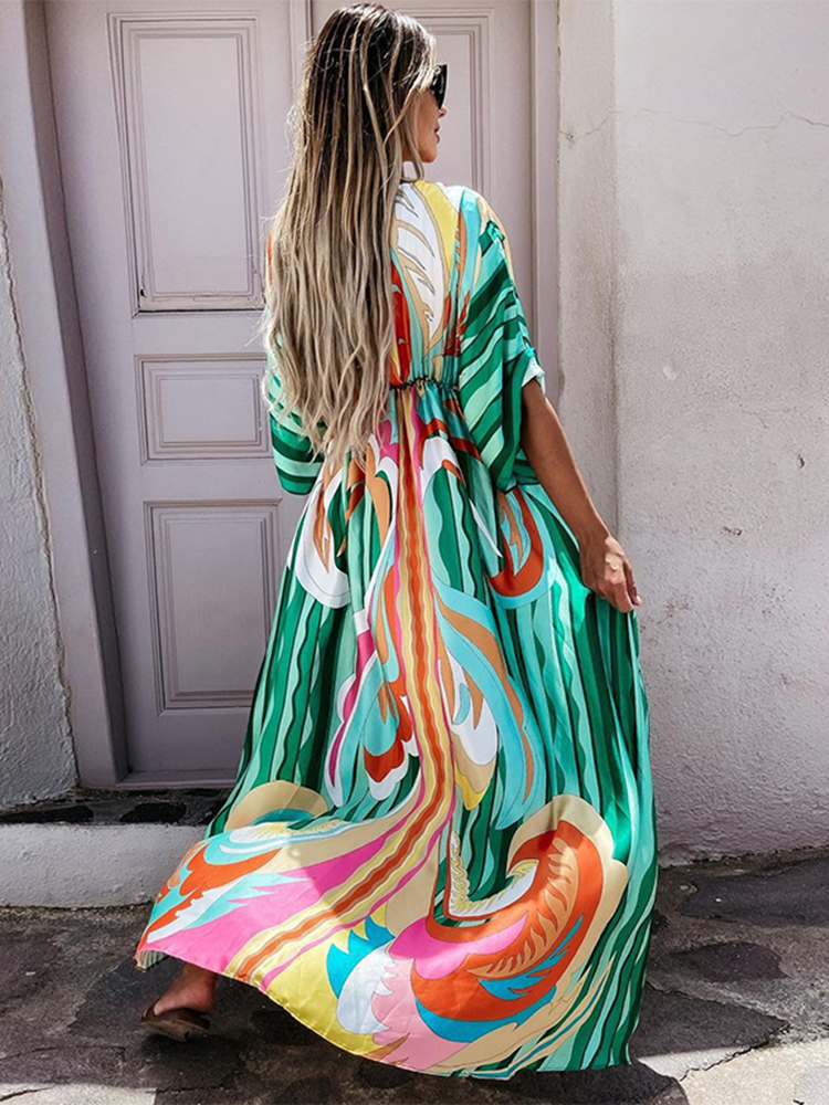 Basic Casual Dresses Summer Print Casual Women Dresses Oversized Holiday Beach Dress Boho Long CoverUp Dress Female Long Sleeve Loose Tunic Dress 2308