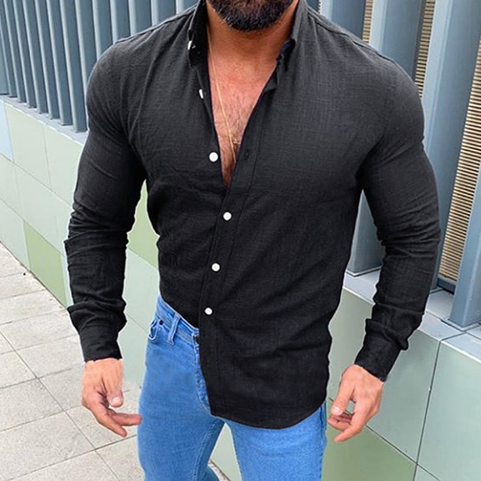 Men's Dress Shirts Linen Cotton Solid Shirt Men's Long Sleeved Spring Summer Breathable Shirt Blouse Casual Pullover Single-breasted Mens To