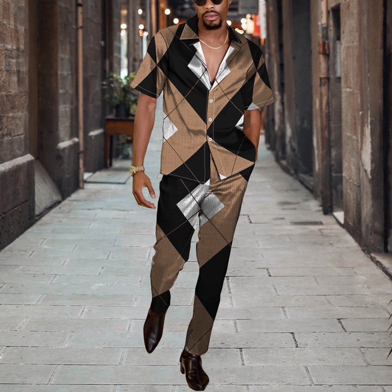 Men's Tracksuits Summer Street Casual Short Sleeve Shirt Cardigan Button Top Autumn Trousers 3D Print Irregular Pattern Chic Daily Outfit 230823