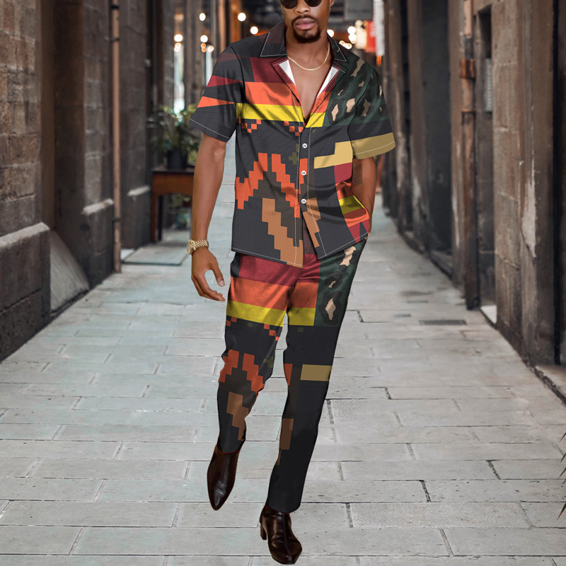 Men's Tracksuits Summer Street Casual Short Sleeve Shirt Cardigan Button Top Autumn Trousers 3D Print Irregular Pattern Chic Daily Outfit 230823