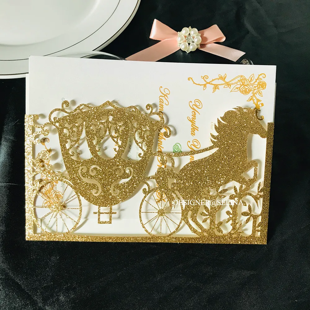2020 Rose Gold Glitter Laser Cut Invitation Cards With Gold Ribbons For Wedding Bridal Shower Engagement Birthday Graduation InvitesZZ