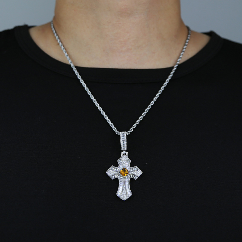 Hip Hop Bling T Zircon Cross Pendant Necklace 18k Real Gold Plated Religion Jewelry