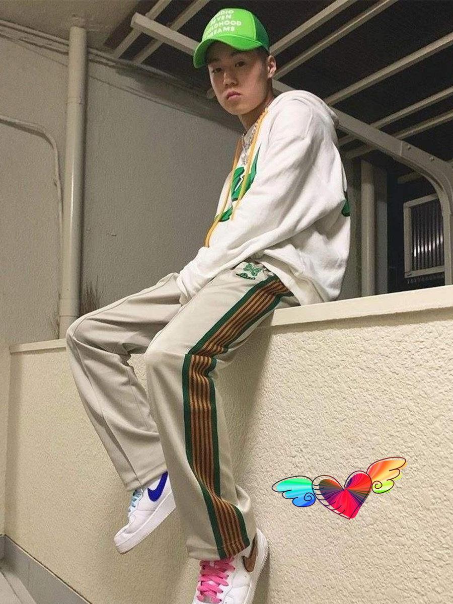 Men s Tracksuits 2023 Classic Multicolor Stripes Needles Pants Men Women 1 High Street AWGE Embroidered Butterfly Track Trousers 230823