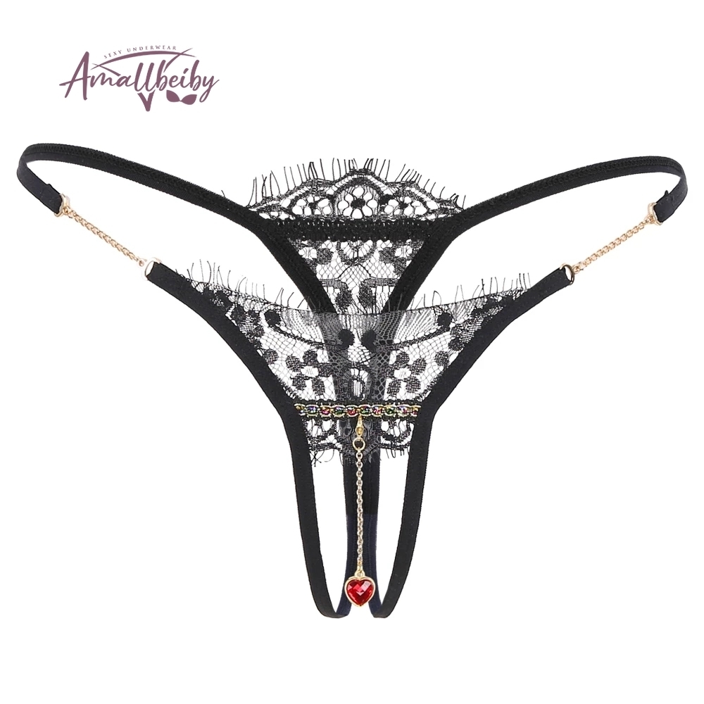 Briefs Panties Pearl Pendant Open Thongs Women Underwear Crotchless Embroidery G String Tanga Lace Transparent Sexy Lingerie 230824