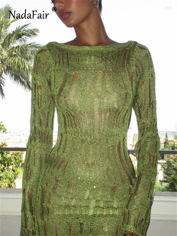 Casual Dresses Nadafair Corchet Knitted Hollow Out Women Long Dress Beach Holiday Sleeve Backless Summer Fall 2023 Y2K Elegant See Through