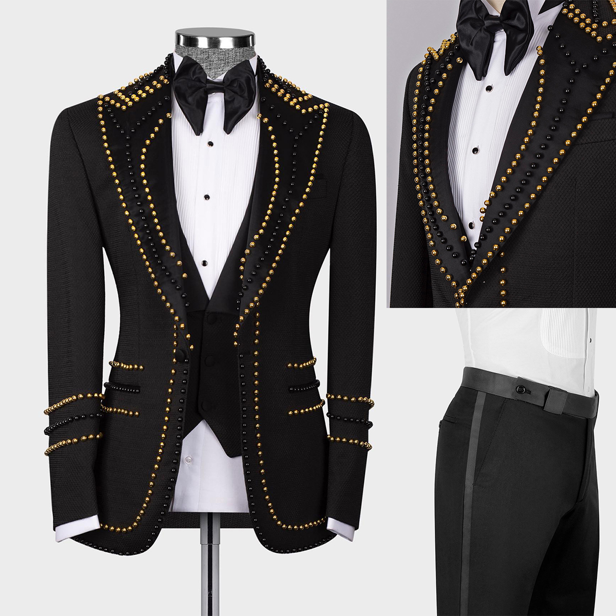 Wedding Men's Suits Design Gold Beads Peaked Lapel Tuxedos Formal Slim Fit Groom Wear 2 Pieces Jacket And Pants