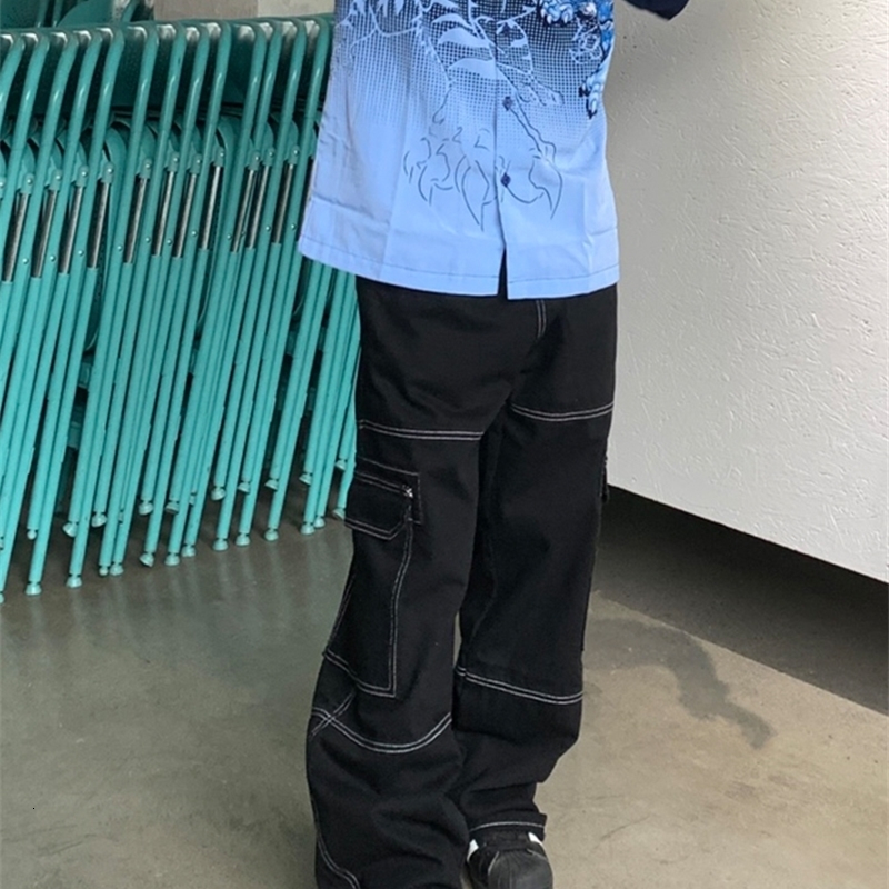 Men s Jeans 2023 Black Multi Pocket Loose Wide Leg Men S Y2k Casual Fashion Cargo Pants Side Large Street Wear 230823