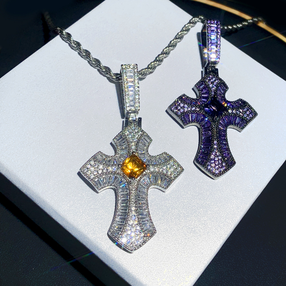 Hip Hop Bling T Zircon Cross Pendant Necklace 18k Real Gold Plated Religion Jewelry