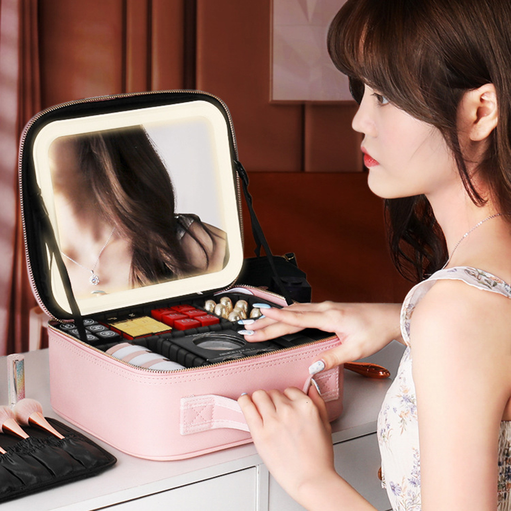 Compact Mirrors Smart LED Cosmetic Case with Mirror Travel Makeup Bags Large Capacity Fashion Simple PU Leather Casual for Weekend Vacation 230823