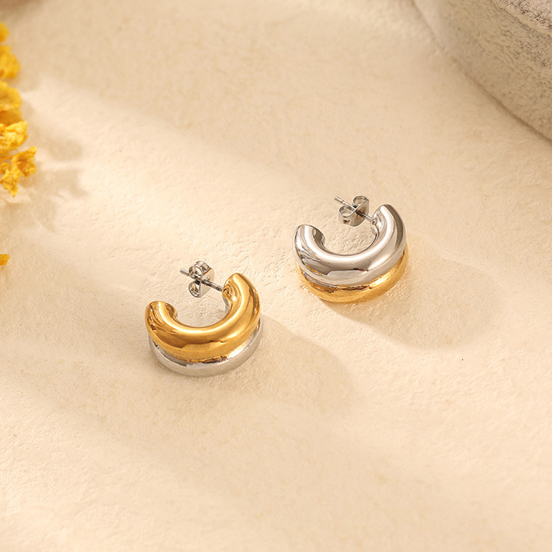 Stud Minimalist Gold Silver Plated Mix Color Stainless Steel Earrings for Women Double Layer C Shaped Small Hoop Jewelry 230823