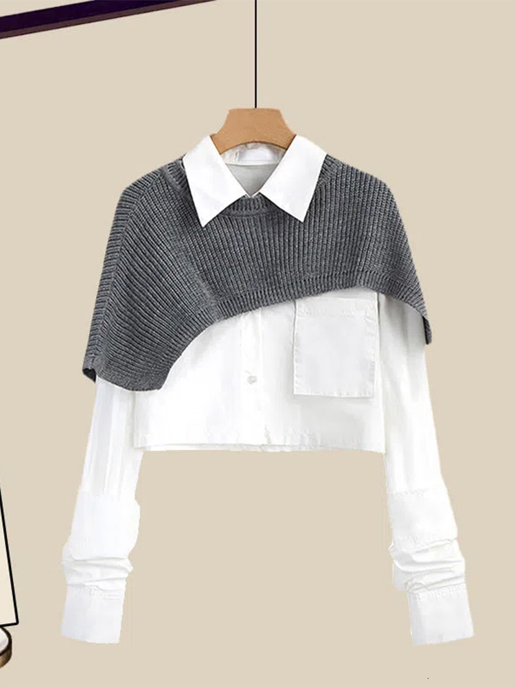 Two Piece Dress Spring Autumn Large Size Women s Shawl Shirt Three piece Set High Waist Knitting Half body Skirt Set Women Fashion 3 230823