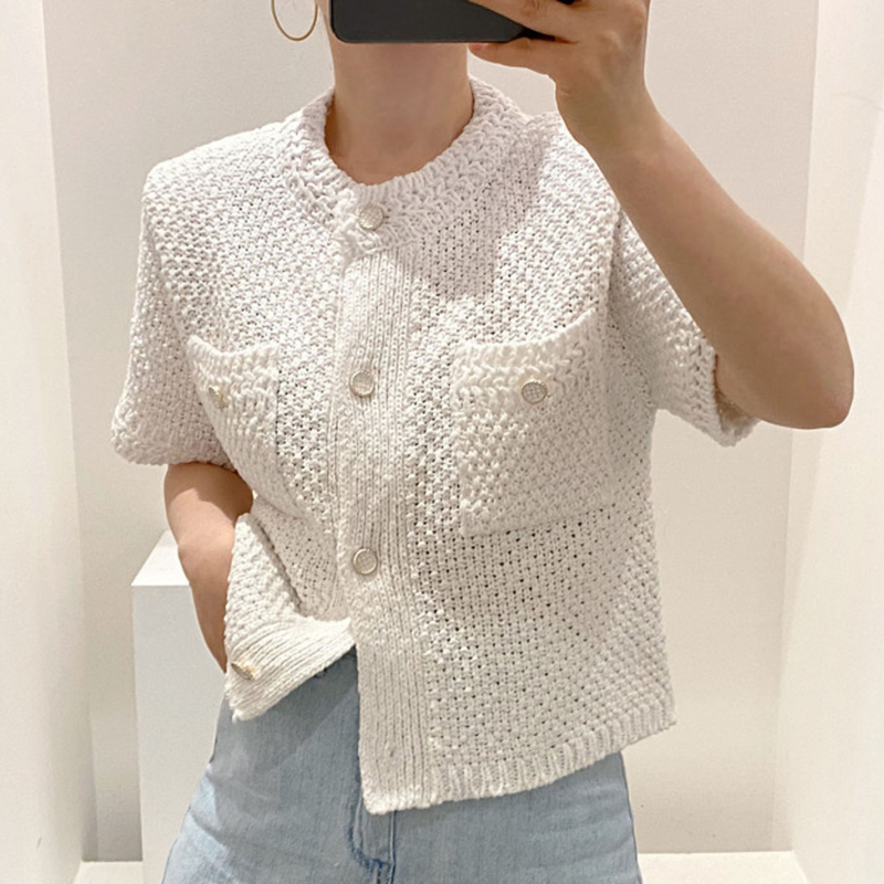 New fashion womens summer o-neck short sleeve knitted white color sweater tops single breasted cardigan