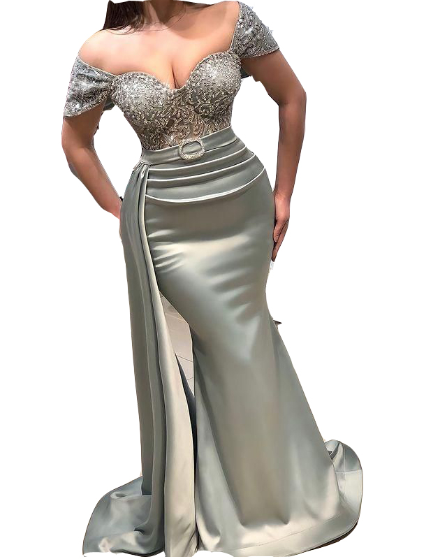 2023 Sexy Mermaid Prom Dresses Off Shoulder Illusion Sweetheart Illusion Silver Crystal Beading Gray Party Evening Gowns Sweep Train Cap Sleeves Belt