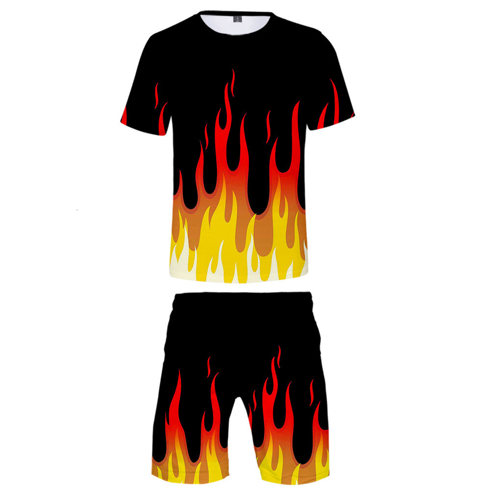 Men's Tracksuits Summer Red and yellow flame 3D Shorts Tshirt set Menwomen Casual Hip Hop Harajuku Creative t shirt 230823