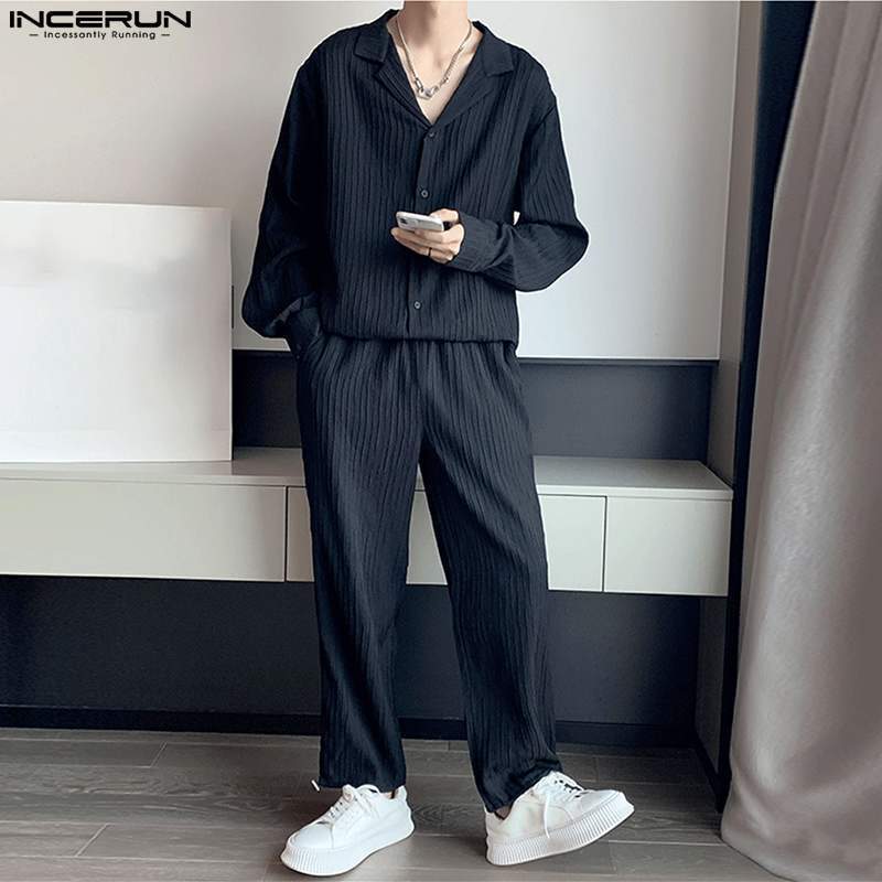 Men's Tracksuits INCERUN 2023 Men Sets Solid Color Lapel Long Sleeve Shirt Pants 2PCS Streetwear Pleated Loose Fashion Casual Suits S5XL 230823